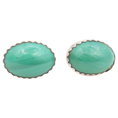 925 Sterling Silver Vintage Earrings Minimalist Cabochon Malachite Stud  EG14448