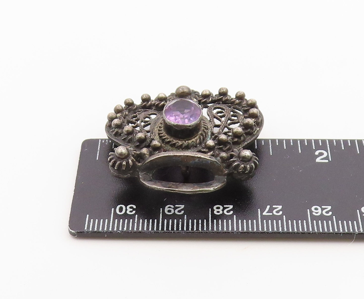 925 Sterling Silver Vintage Brooch Pin Classic Amethyst Floral Openwork  BP12588