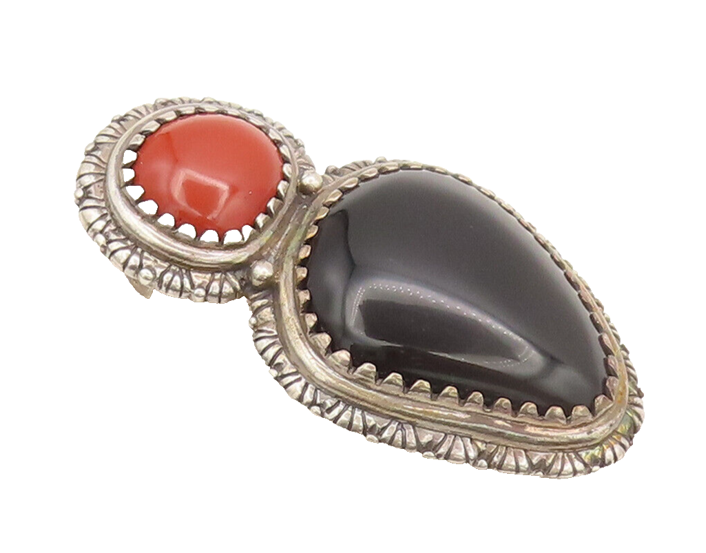 CAROLYN POLLACK 925 Sterling Silver  Vintage Two Tone Onyx Carved Clip  TR3667