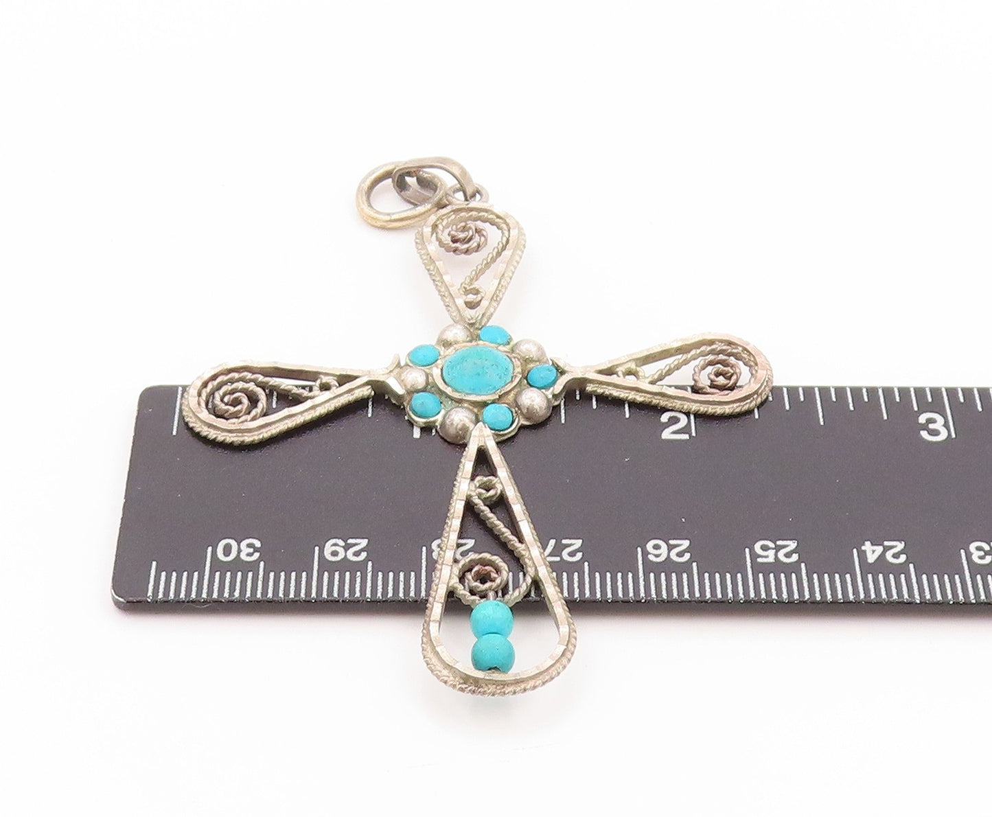 925 Sterling Silver Vintage Pendant Designer Wirework Turquoise Cross  PT24097