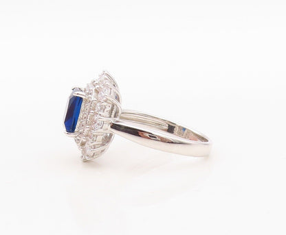 925 Sterling Silver Vintage Ring Rectangle Cut Sapphire Halo CZ  Sz 7  RG29986