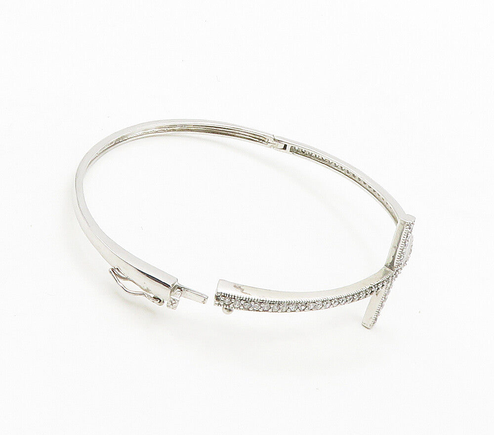 925 Sterling Silver  Cubic Zirconia Religious Cross Bangle Bracelet  BT6228