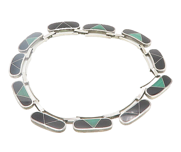 MEXICO 925 Sterling Silver Vintage Inlaid Gemstone Heavy Chain Necklace  NE3178