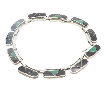 MEXICO 925 Sterling Silver Vintage Inlaid Gemstone Heavy Chain Necklace  NE3178