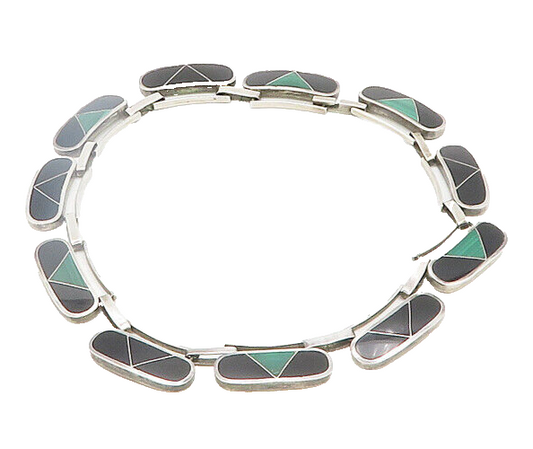 MEXICO 925 Sterling Silver Vintage Inlaid Gemstone Heavy Chain Necklace  NE3178