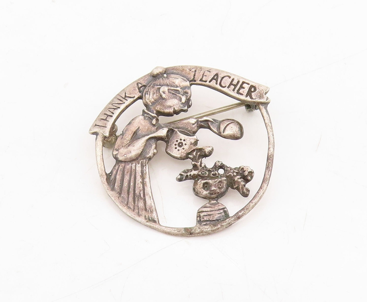 925 Sterling Silver Vintage Brooch Dark Tone Teachers Day Badge Cutout  BP11490