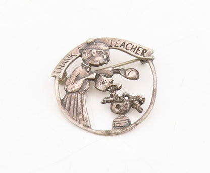 925 Sterling Silver Vintage Brooch Dark Tone Teachers Day Badge Cutout  BP11490
