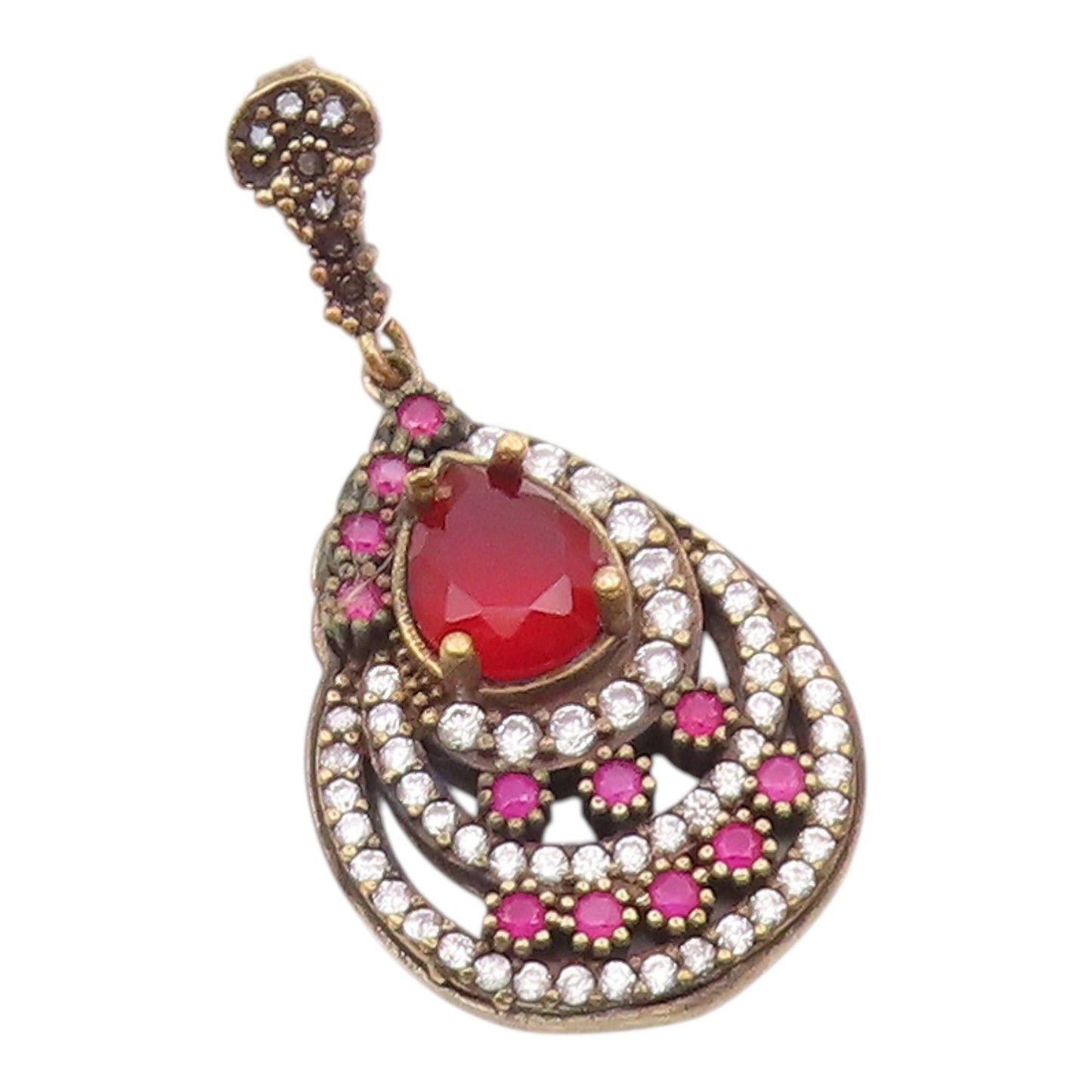 925 Sterling Silver  Vintage Red Topaz Cubic Zirconia & Ruby Pendant  PT6287