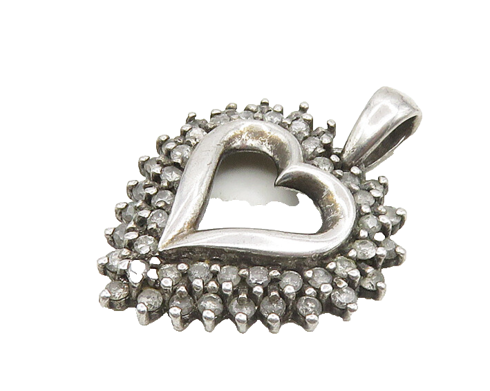 925 Sterling Silver  Vintage Genuine Diamonds Open Love Heart Pendant  PT14656