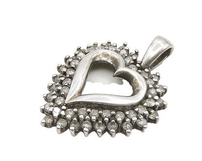 925 Sterling Silver  Vintage Genuine Diamonds Open Love Heart Pendant  PT14656