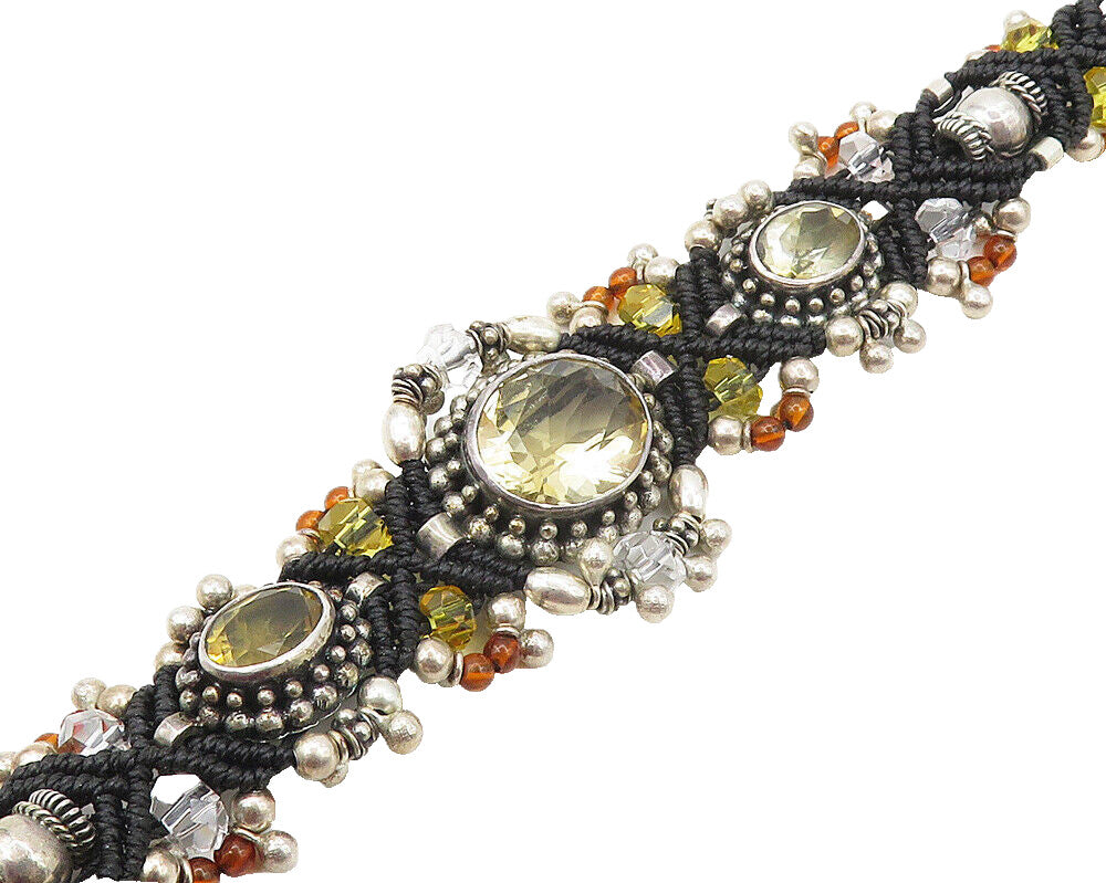 925 Sterling Silver  Vintage Yellow Topaz & Amber Weaved Chain Bracelet BT6851