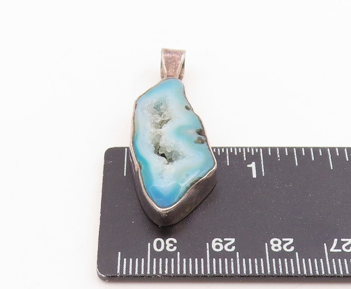 925 Sterling Silver Vintage Pendant Modernist Blue Drusy Quartz Charm  PT25788