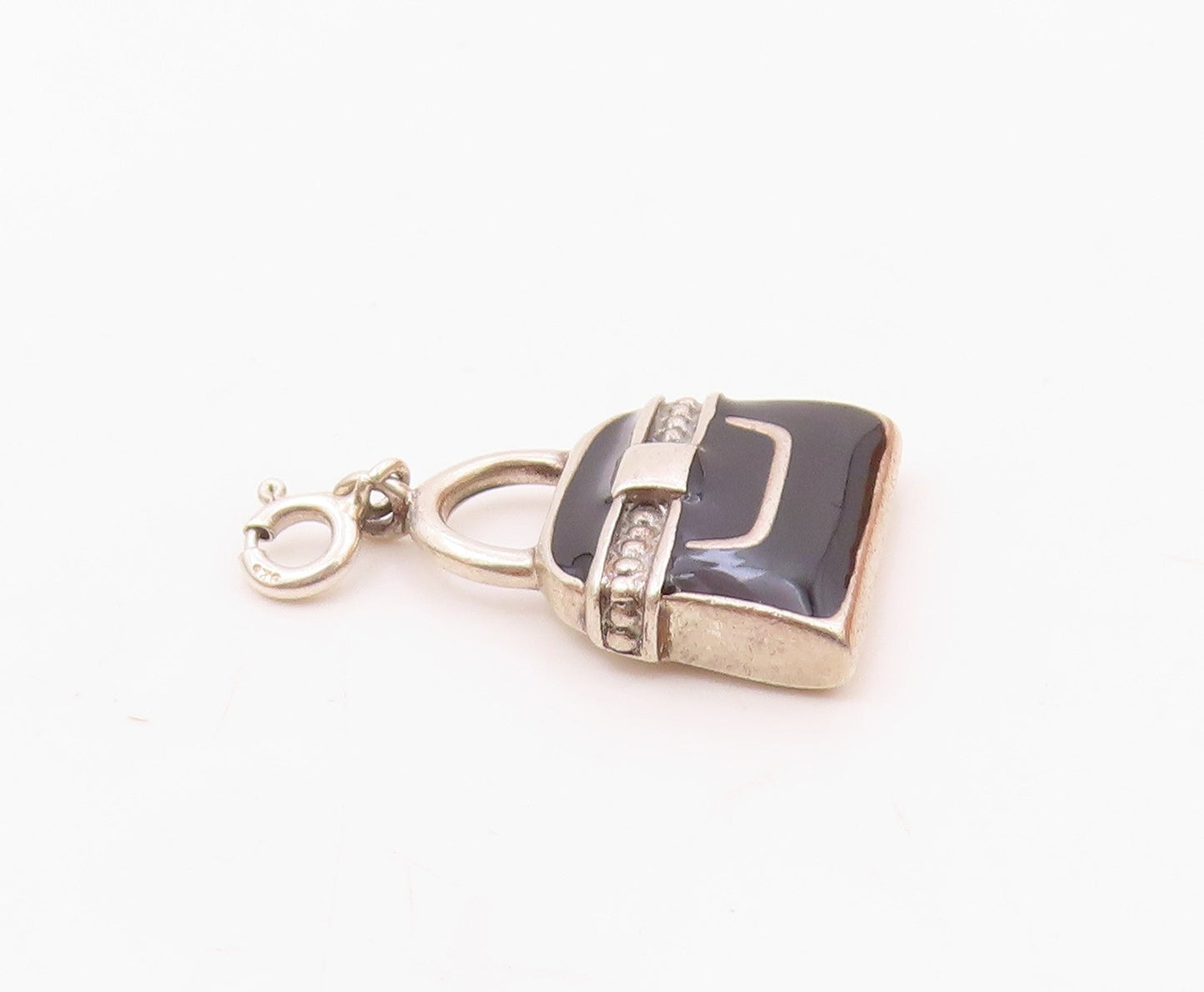 925 Sterling Silver  Vintage Black Enamel Tote Purse Charm Pendant  PT20343