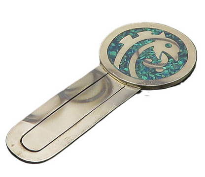 MEXICO 925 Sterling Silver  Vintage Malachite Mosaic Dolphin Book Mark  TR3001