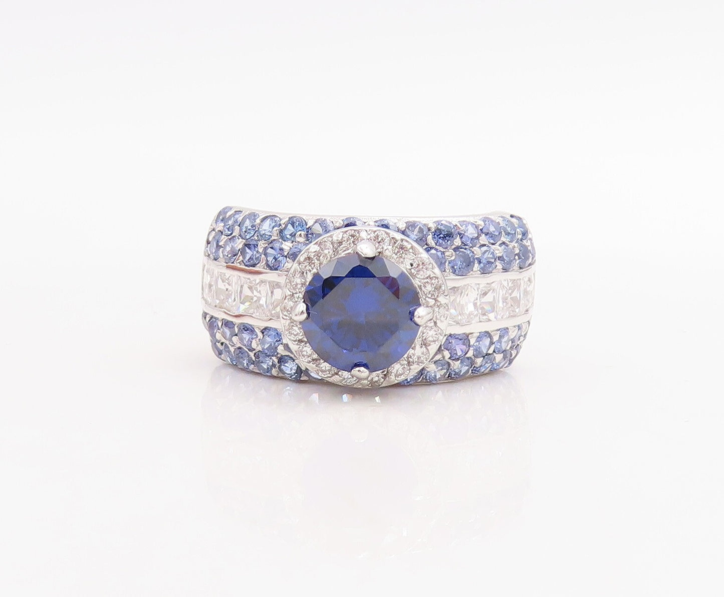 925 Sterling Silver Vintage Ring Designer Sapphire & CZ Inlay  Sz 8.5  RG30973