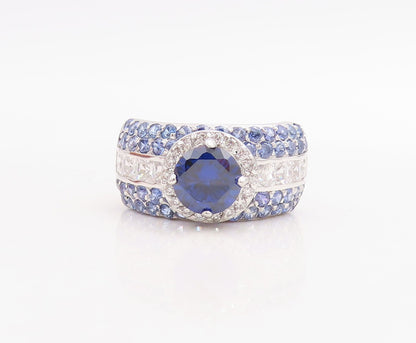 925 Sterling Silver Vintage Ring Designer Sapphire & CZ Inlay  Sz 8.5  RG30973