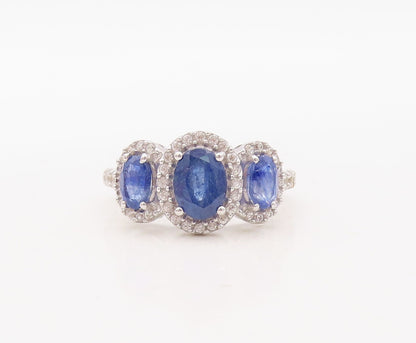 925 Sterling Silver Vintage Ring Oval Cut Sapphire Halo CZ Inlay  Sz 7  RG30663