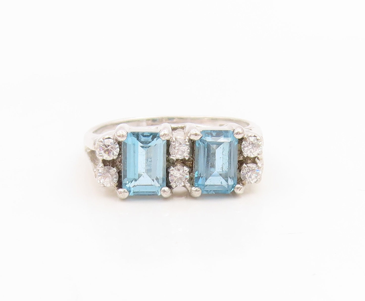 925 Sterling Silver Vintage Ring Blue Topaz & CZ Elegant Split Band Sz 6 RG34871