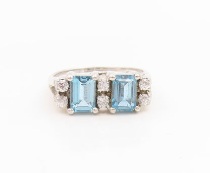 925 Sterling Silver Vintage Ring Blue Topaz & CZ Elegant Split Band Sz 6 RG34871
