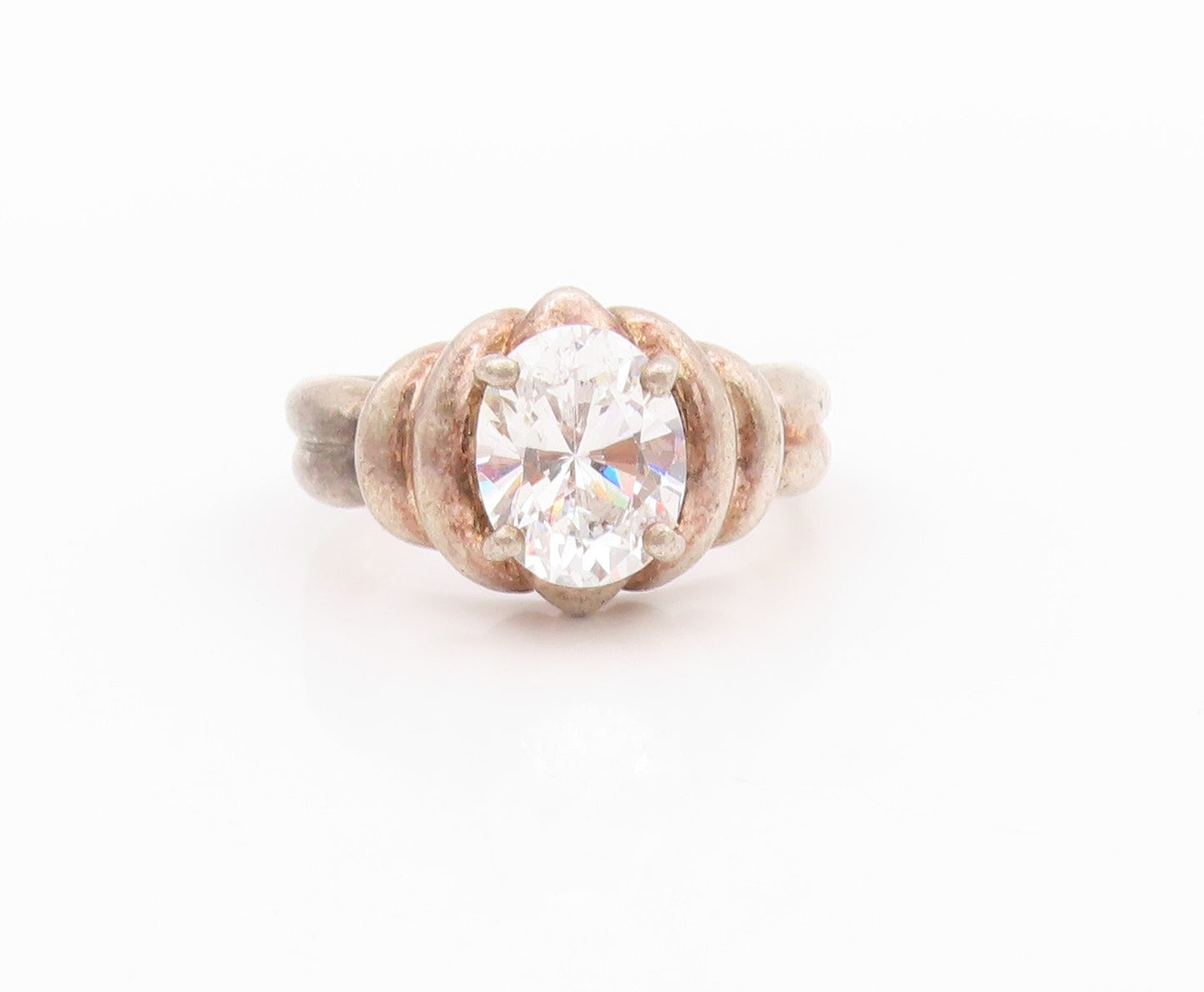 925 Sterling Silver Vintage Ring Solid Carved Oval Cut Topaz  SZ 9  RG32246