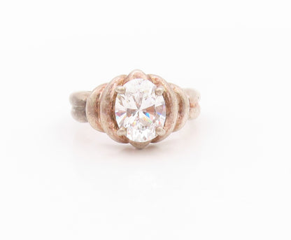 925 Sterling Silver Vintage Ring Solid Carved Oval Cut Topaz  SZ 9  RG32246