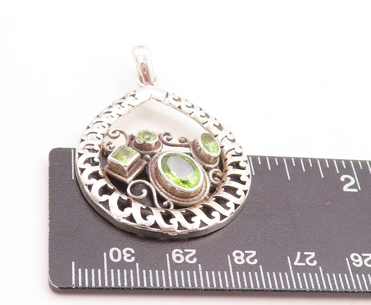 925 Sterling Silver Vintage Pendant Designer Swirly Cutout Peridot  PT23759