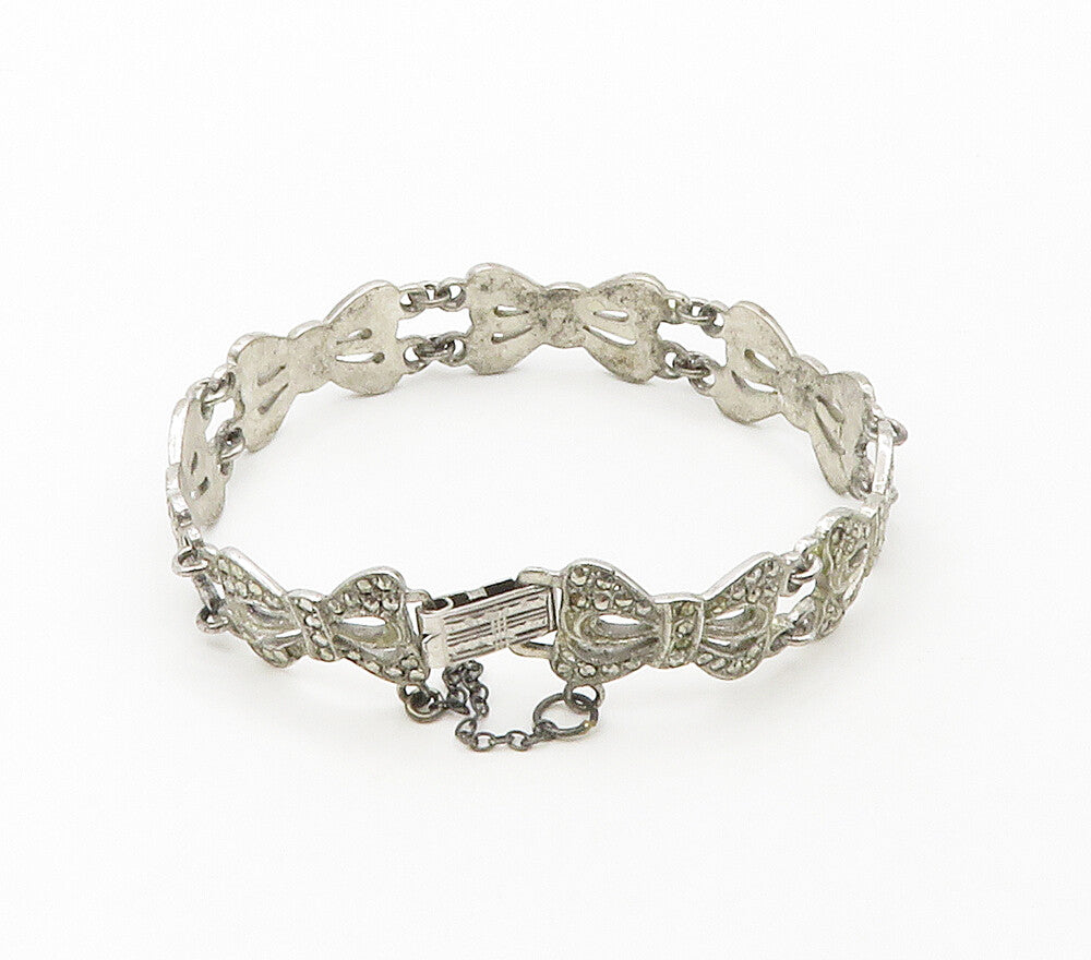 925 Sterling Silver  Vintage Sparkling Bow Tied Ribbons Chain Bracelet  BT6514