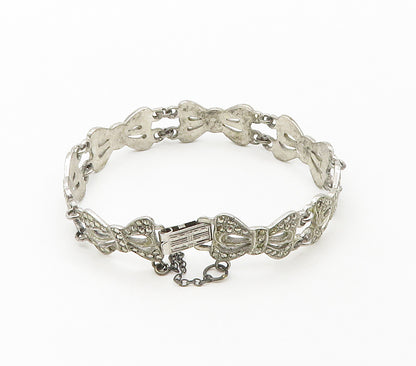 925 Sterling Silver  Vintage Sparkling Bow Tied Ribbons Chain Bracelet  BT6514