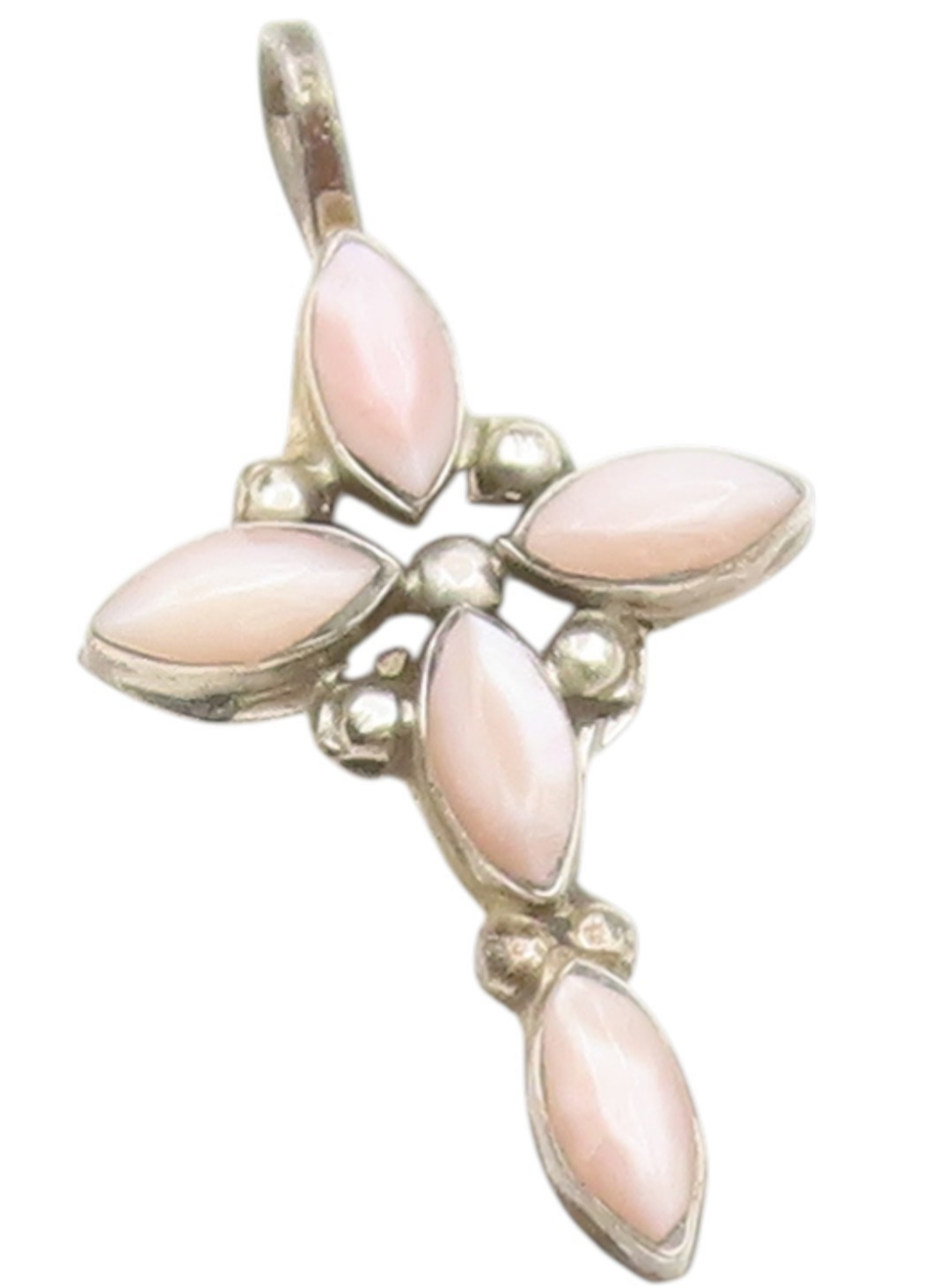 925 Sterling Silver Vintage Pendant Marquise Cut Rose Quartz Holy Cross  PT26236