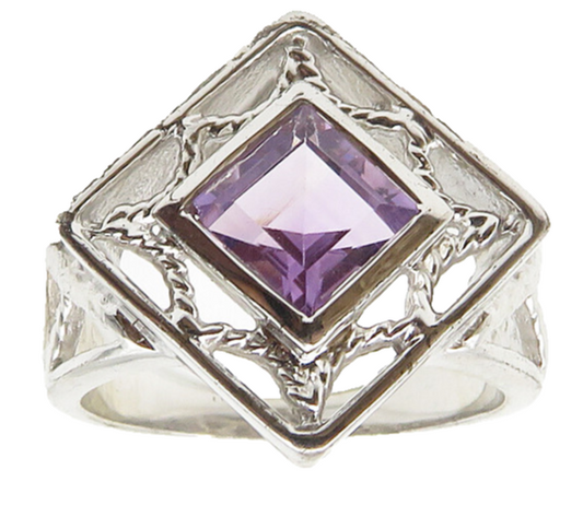 925 Sterling Silver  Amethyst Open Square Shiny Cocktail Ring Sz 7  RG10354