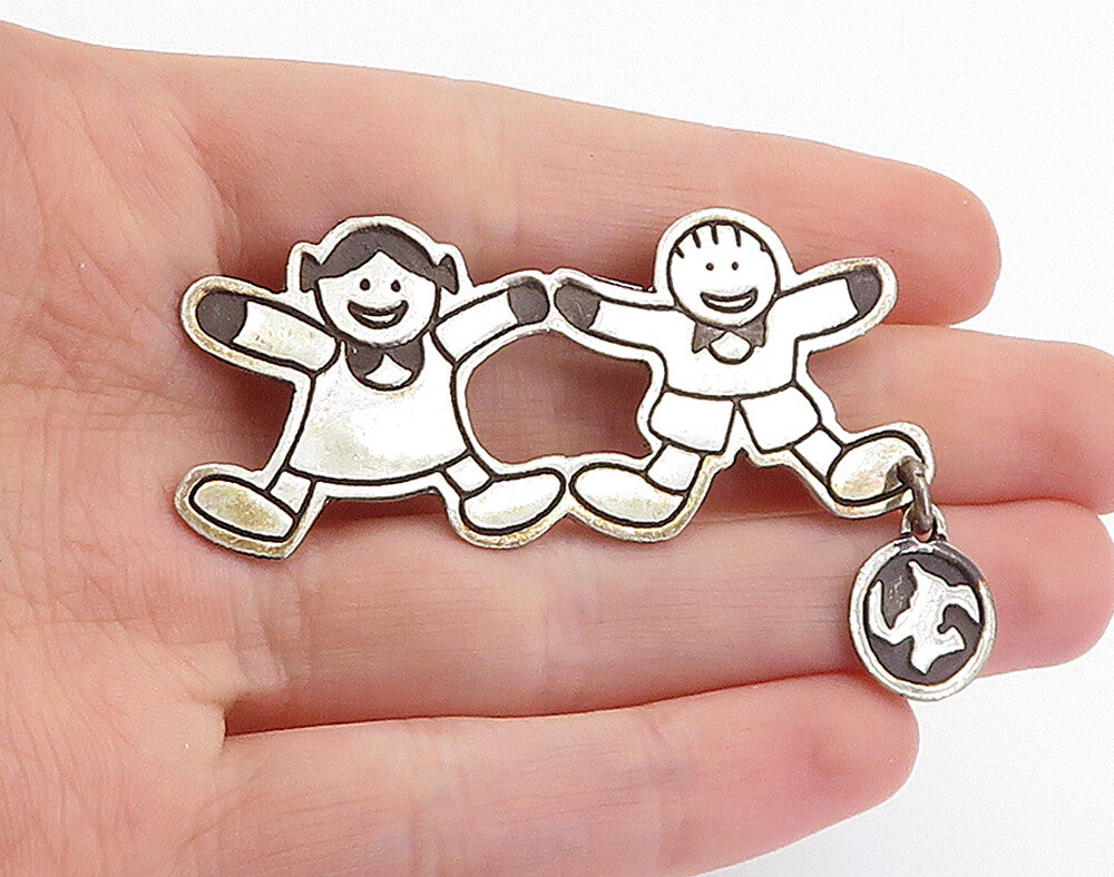 MEXICO 925 Sterling Silver  Vintage Oxidized Happy Children Brooch Pin  BP2372