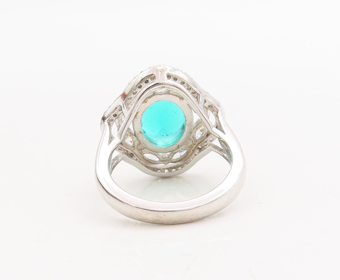 925 Sterling Silver Vintage Ring Floral Carved Aquamarine & CZ  Sz 7.5  RG29287