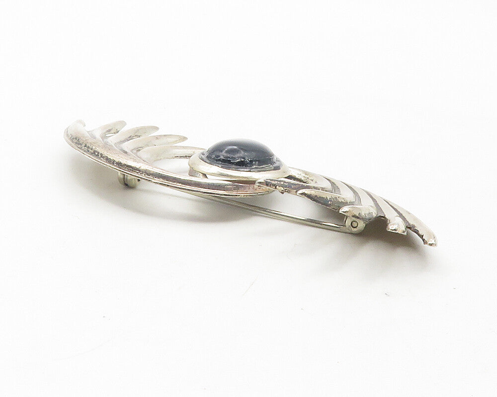 925 Sterling Silver  Vintage Cabochon Black Onyx Swirl Brooch Pin  BP4404