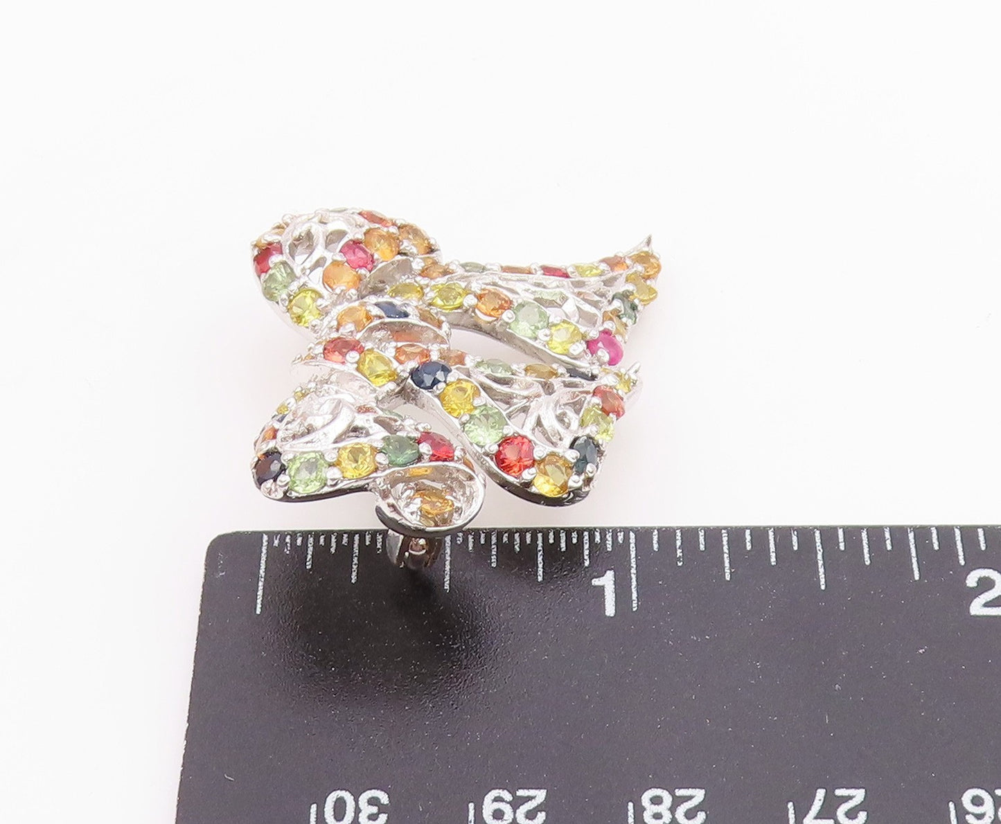925 Sterling Silver Vintage Citrine Tanzanite Peridot Ribbon Bow Brooch  BP8411