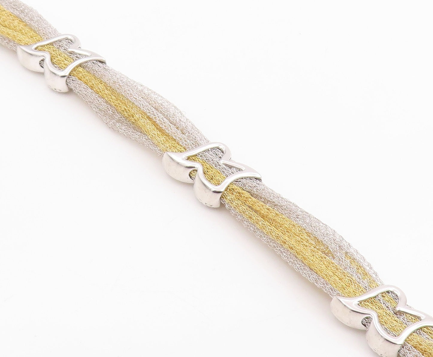 925 Sterling Silver Vintage Bracelet Elegant CZ Two Tone Mesh Chain  BT11980
