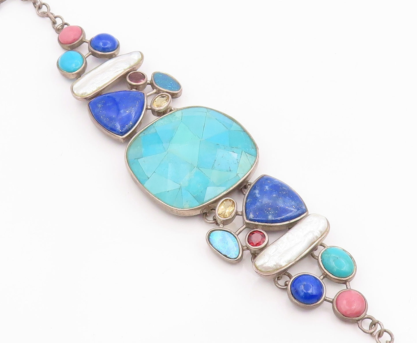 925 Sterling Silver Vintage Bracelet WHITNEY KELLY Multi Gemstone Link  BT11985