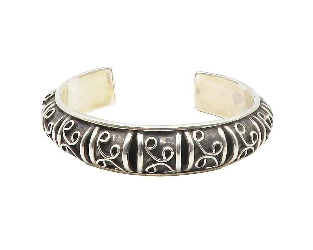 925 Sterling Silver Vintage Shiny Swirl Pattern Dome Cuff Bracelet BT5433