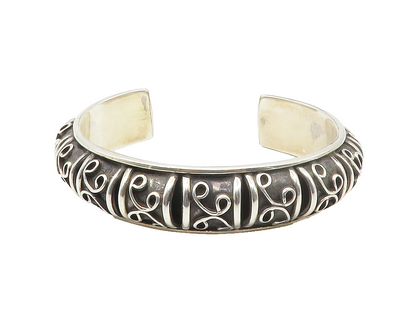 925 Sterling Silver Vintage Shiny Swirl Pattern Dome Cuff Bracelet BT5433