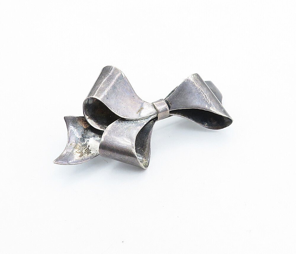 MEXICO 925 Sterling Silver  Vintage Oxidized Bow Tied Ribbon Brooch Pin BP2384