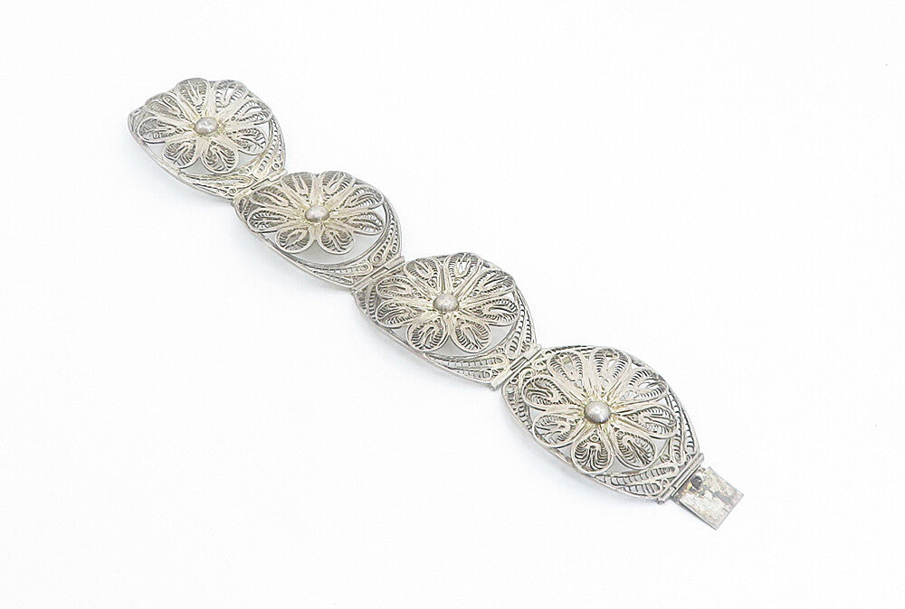 MEXICO 925 Sterling Silver  Vintage Filigree Flower Panel Bracelet  BT3405
