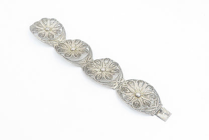 MEXICO 925 Sterling Silver  Vintage Filigree Flower Panel Bracelet  BT3405