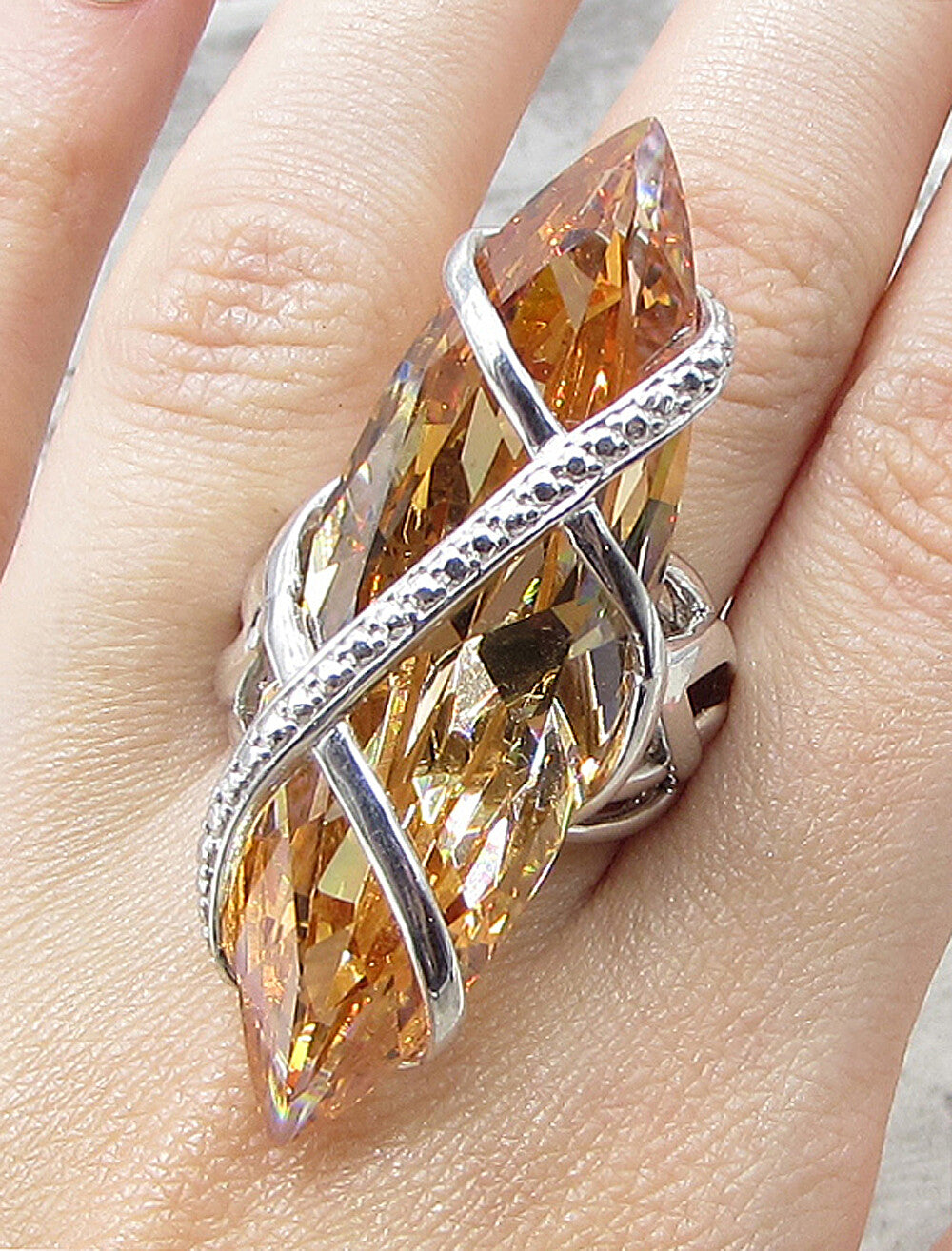 925 Silver  Marquise Cut Faceted Citrine Wrapped Solitaire Ring Sz 7  RG1594