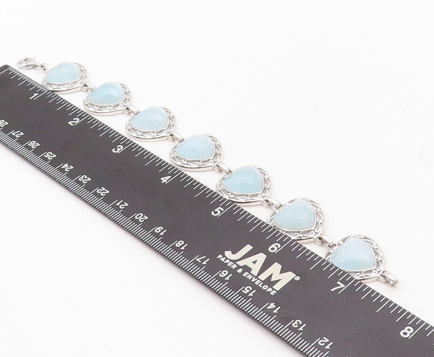 925 Sterling Silver Vintage Bracelet Heart Shape Aquamarine Swirly Cut  BT10710
