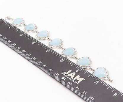 925 Sterling Silver Vintage Bracelet Heart Shape Aquamarine Swirly Cut  BT10710