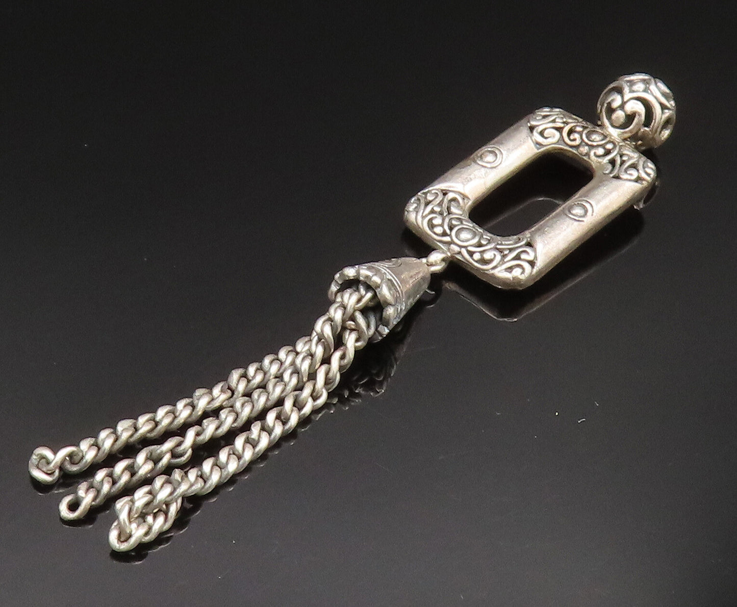 18K GOLD & 925 Silver  Vintage Scrolled Open Rectangle Dangle Pendant  PT20486