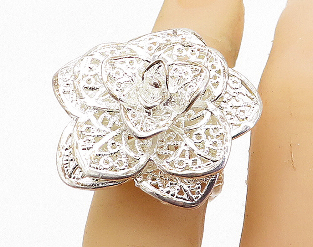 925 Sterling Silver  Shiny Twist Filigree Flower Statement Ring Sz 5  RG7308