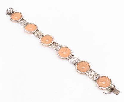 925 Sterling Silver Vintage Bracelet Peach Gemstone Classic Circle Link  BT11982