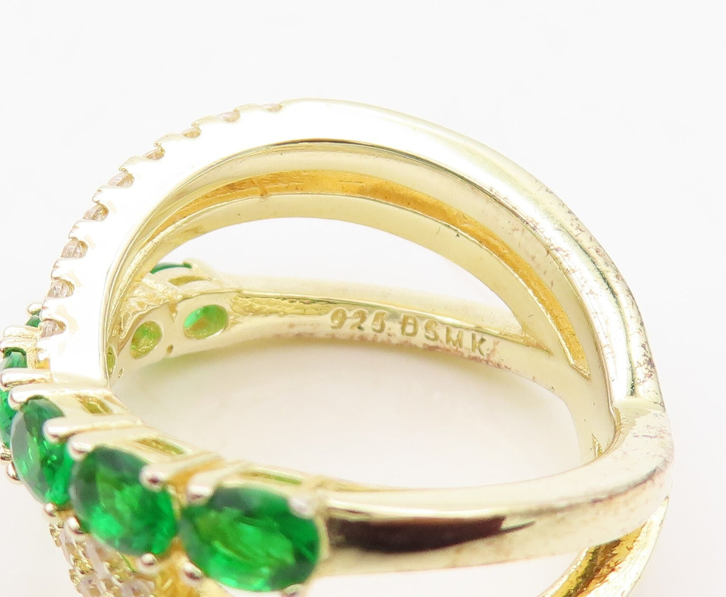 925 Sterling Silver Vintage Ring Gold Plated Green & White CZ  Sz 6.5 RG30478