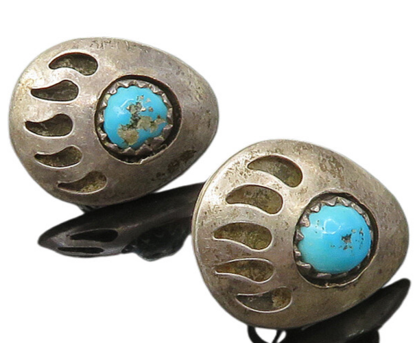 NAVAJO 925 Sterling Silver  Vintage Turquoise Bear Claw Drop Earrings  EG11012