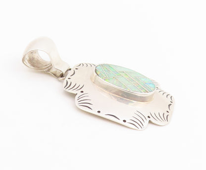 925 Sterling Silver Vintage Pendant NAVAJO Fire Opal Inlay Etched Design PT25159